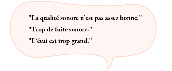 “La qualité sonore n’est pas assez bonne.”“Trop de fuite sonore.”“L’étui est trop grand.”