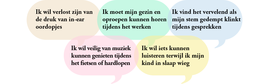 Ik wil verlost zijn van de druk van in-ear oordopjes. | Ik moet mijn gezin en oproepen kunnen horen tijdens het werken. | Ik vind het vervelend als mijn stem gedempt klinkt tijdens gesprekken. | Ik wil veilig van muziek kunnen genieten tijdens het fietsen of hardlopen. | Ik wil iets kunnen luisteren terwijl ik mijn kind in slaap wieg.
