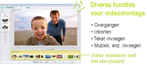 Diverse functies voor videomontage  -Overgangen -Inkorten  (Trimming) -Tekst invoegen -Muziek, enz. invoegen . Video monteren met het storyboard 