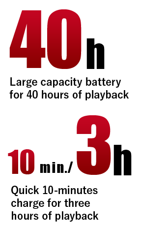 40h Hoge capaciteitsbatterij voor 40 uur speeltijd 10min 3h Snel lading van 10-minuten voor 3 uur speeltijd